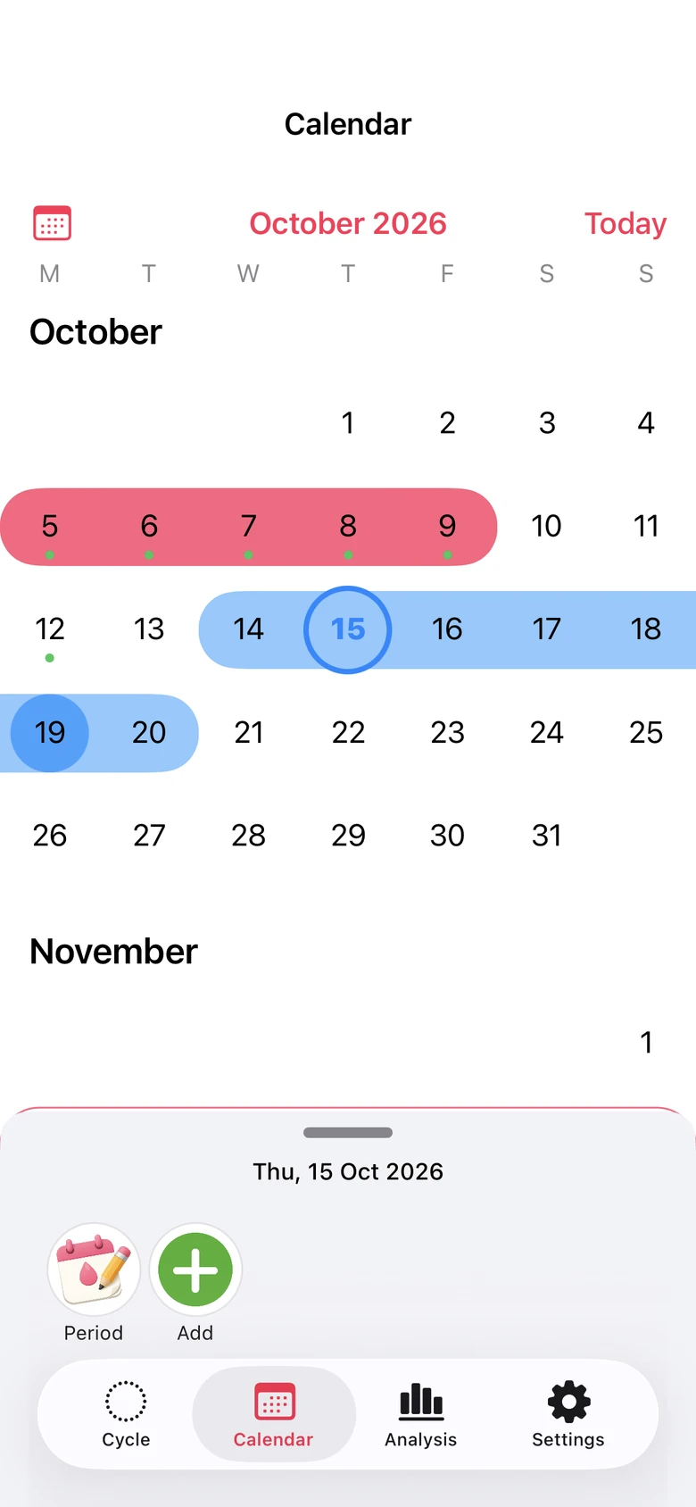 Her Calendar’s monthly calendar with a pink recorded-period band, a blue estimated fertile window, and daily log indicators